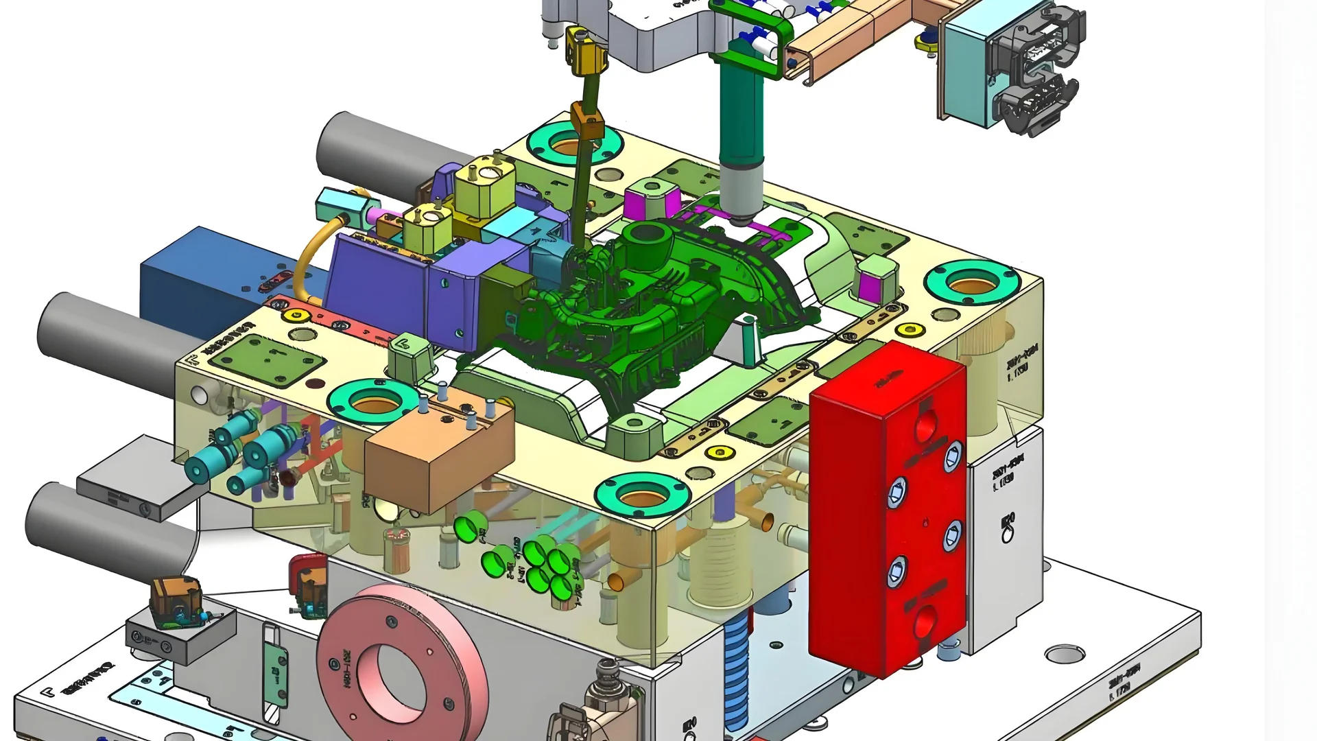 Close-up of a standardized injection mold with detailed structural elements